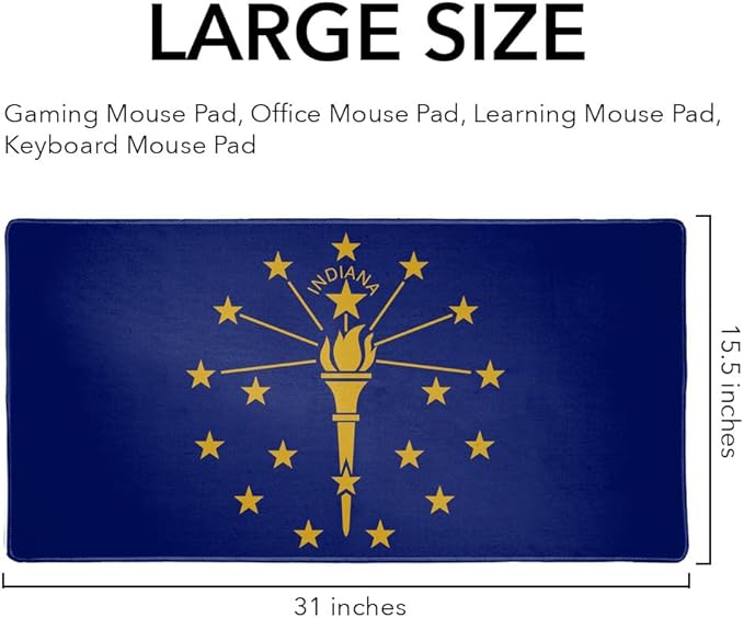Indiana State Flag Large Gaming Mouse Pad Desk Mat with Stitched Edges Non-Slip Base for Gamer Home and Office 31.5 x 15.7