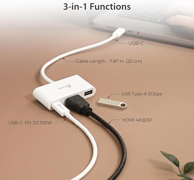 j5create USB-C to HDMI &amp USB Type-A with Power Delivery(Eco-Friendly) with 4K HDMI USB-A 5Gbps PD 100W Charging | Compatible with MacBook ProChromebookHP Samsung and more Type-C Devices(JCA37