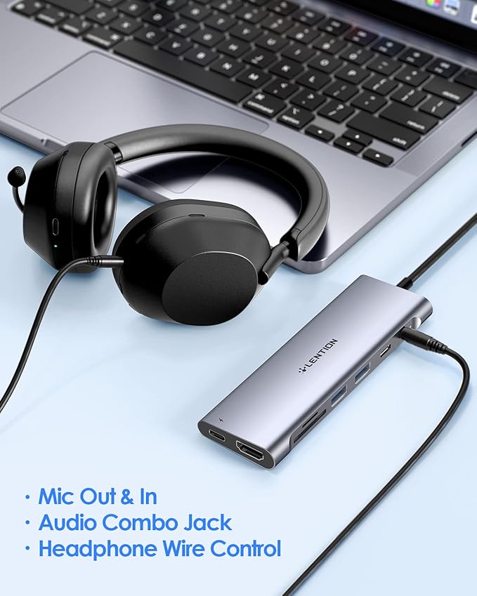 LENTION 8-in-1 USB C Hub Docking Station with 3.3FT Long Cable 4K HDMI USB A&ampC SD/TF Card Reader Aux 100W PD Charging for MacBook Pro/Air Dell HP Chromebook Steam Deck (C37-1M Space Gr