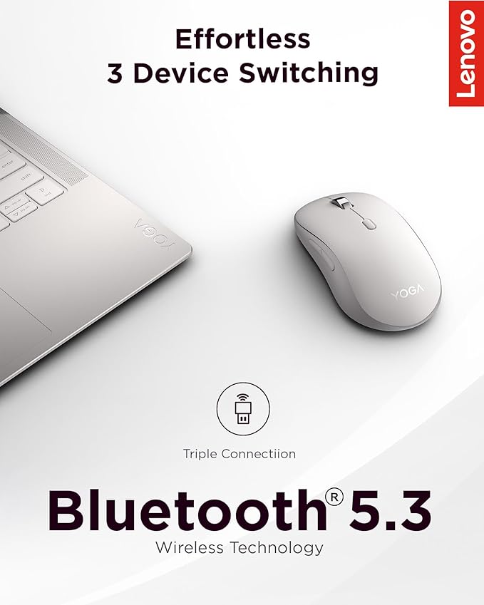 Lenovo Yoga Bluetooth Silent Mouse 3 Level DPI Adjustment 36 Month Battery Life Bluetooth 5.3 3 Device Paring Whisper Quiet Programmable Buttons Smooth Finish Seashell