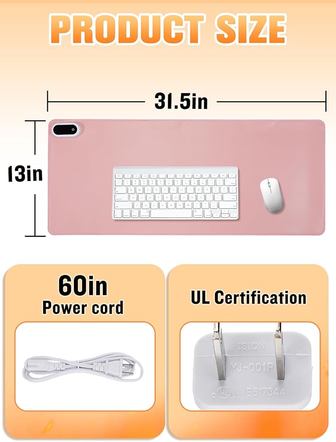 Large Heated Gaming Mouse Pad Gamer Gifts - 5 Levels Heating &amp Timed Auto Shut-Off Heated Desk Pad Mat for Keyboard Winter Gaming Accessories Christmas for Women Girls 31.5''x13'' Pink
