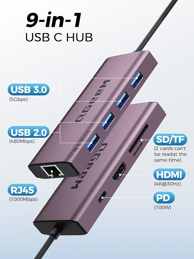 QGeeM USB C Hub Ethernet9 in 1 USB Type C Hub HDMI Multi-Port Converter Adapter100W Pd USB 3.0SD/TF Card ReaderCompatible for MacBook Pro Air Ipad HP Dell Lenovo Chromebook etc.-Violet