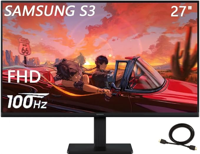 Samsung 27 S3 Series IPS LED FHD Monitor Game Mode 100Hz Refresh Rate Eye Saver Mode HDMI D-sub Black with HDMI Cable