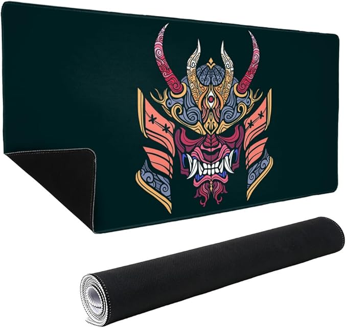 Samurai Warrior Japanese Demon Oni Mask Large Gaming Mouse Pad Desk Mat with Stitched Edges Non-Slip Base