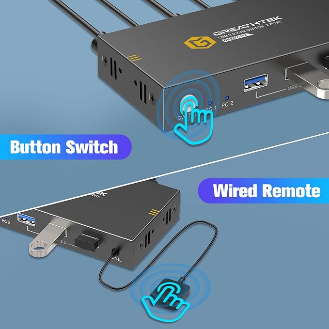 KVM Switches 2 Port 8K@60Hz GREATHTEK KVM Switch HDMI Share USB Devices with 3 USB3.0 Hubs 2 Computers 1 Monitor Share Keyboard Mouse Printer Button Switch Desktop Remote Control Plug and Play