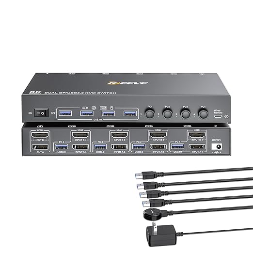 KVM Switch 2 Monitors 4 Computers HDMI + DisplayPort KCEVE USB 3.0 DP KVM Switcher 8K@30Hz/4k@144Hz DP KVM for 4 PC Share 2 Display and 4 USB 3.0 Devices