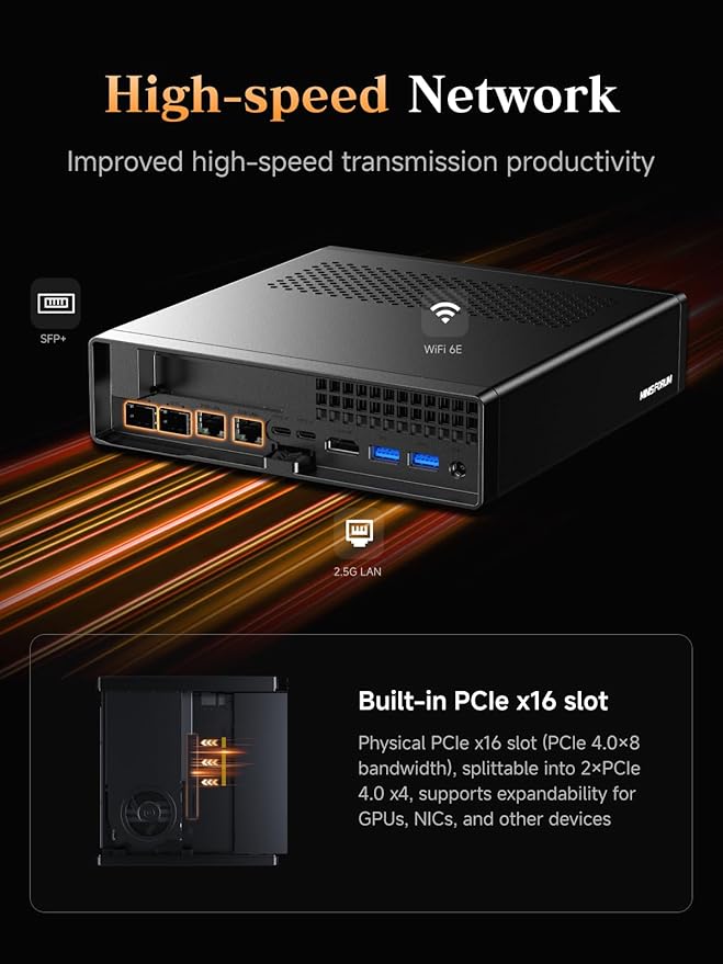MINISFORUM AMD Ryzen 9 9955HX Barebone with MS-A2 Mini PC (16C/32T up to 5.4GHz)PCIe×16 HDMI/2x USB-C (8K@60Hz) 2X SFP+ 10G 2X 2.5G LAN 3X SSD M.2 (2280/22110/U.2)NO RAM/SSD/OS