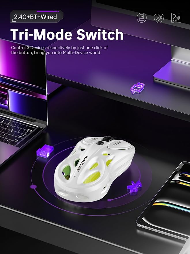 White Gaming Mouse - Tri-Mode Wireless (2.4G/Bluetooth/Wired) Ergonomic Hollow Design RGB Backlight Side Buttons Rechargeable Type-C for Mac/Laptop/iPad (Gaming/Office)