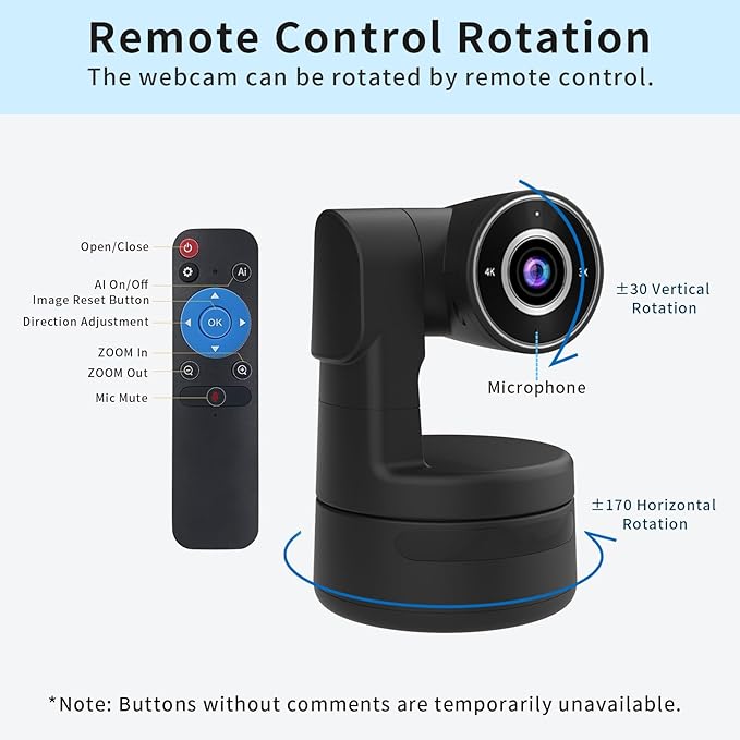 Tiny 4K PTZ Webcam HDR ½.8 Sensor Auto-Frame Gesture Control Built-in Pickup Support USB Audio and Video Output for Online Meetings Online Chats Online Classes Live Streaming etc.