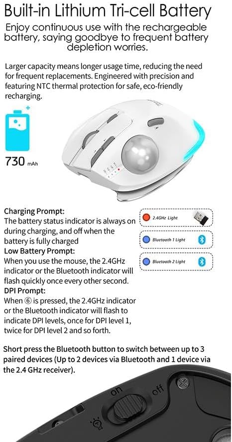 JOMAA Ergonomic Wireless Trackball USB Mouse with 4800 DPI/7 Programmable Buttons Thumb Control Mice3 Device Connection (Bluetooth or USB Receiver) Compatible for PC Laptop Mac Windows.(Silver)