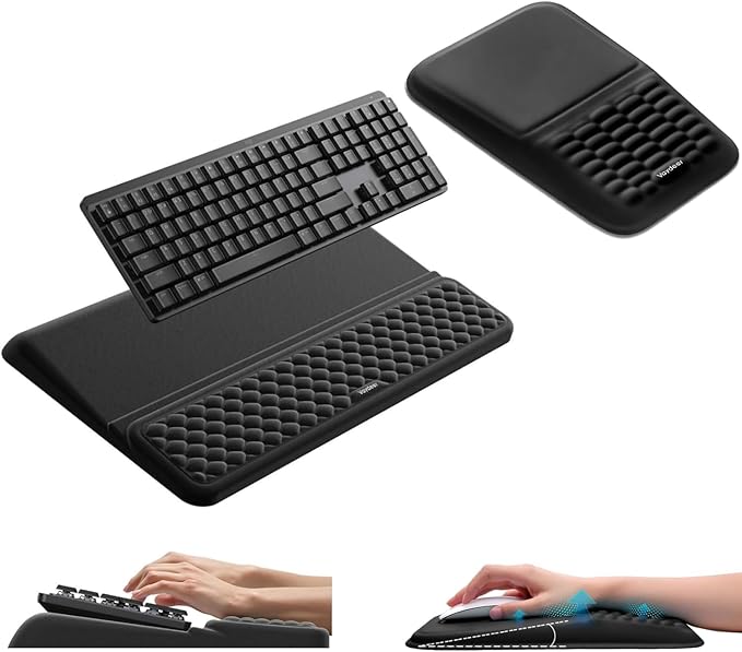Vaydeer Keyboard Stand and Mouse Pad Set with Wrist Rest Soft Memory Foam Wrist Support Ergonomic Wrist Cushion for Desk Relieves Carpal Tunnel Pain Palm Hand Typing for Office Home Gaming