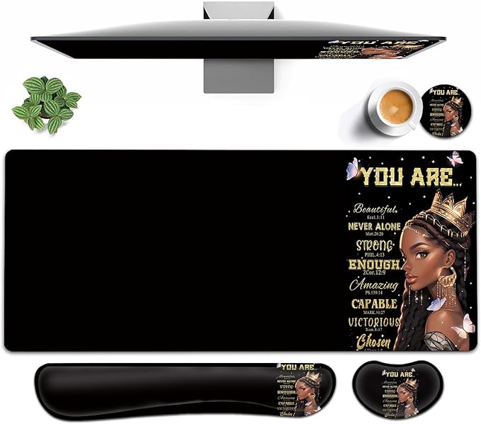 Large Mouse pad and Keyboard Support Set Ergonomic Memory Foam Keyboard Wrist Rest Extended Gaming Mouse Pad African Americans Women Black Queen XXL Desk Mat (31.5 X 11.8 in) for Home Office