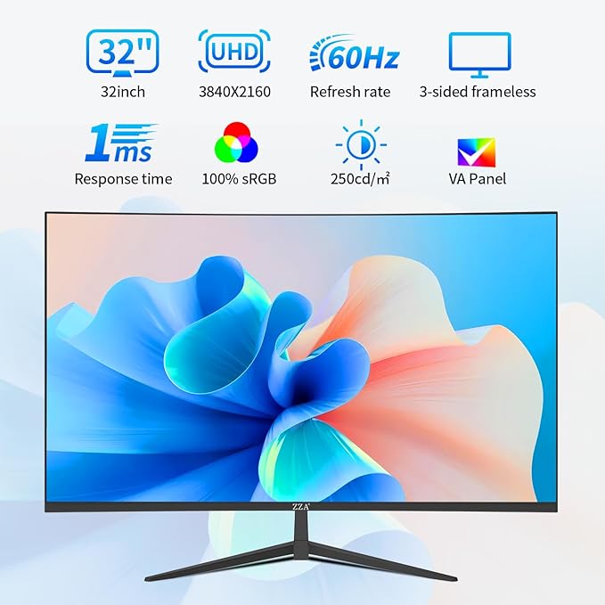 ZZA 32 Inch Curved Monitor 4K UHD 3840x2160 60Hz 3000R VA Display Gaming Monitor with Adaptive Sync HDMI 2.1 &amp DisplayPort 1.4 100% sRGB Computer Monitor VESA 100x100 Black