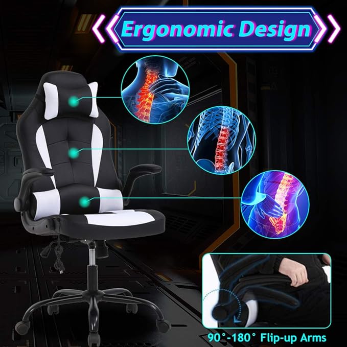 Gaming Chair Ergonomic Home Office Video Game Chairs Massage PU Leather Computer Chair Adjustable Swivel Chairs with Lumbar Support Headrest White