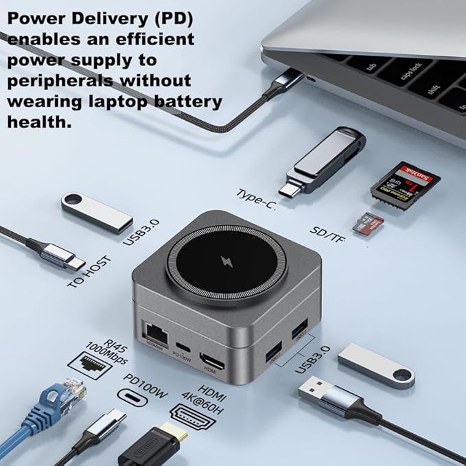 10-in-1 Portable USB-C Hub with Wireless Charger 4K HDMI Made with Aluminum Alloy Casing for Durability Compatible with Mac Windows Compact and Lightweight USB C Docking Station for Travel
