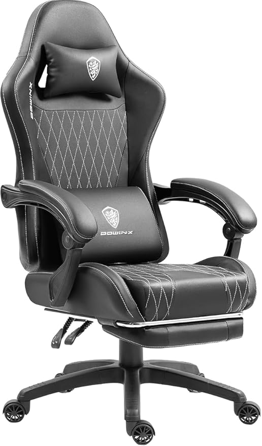 Dowinx Gaming Chair with Massage Lumbar Support and Footrest Video Game Chair for Adults Adjustable Ergonomic Gamer Chairs High Back with Pocket Spring Cushion Swivel Recliner with Headrest Black