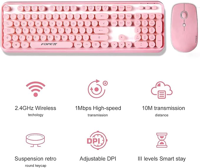 FOPETT Keyboard and Mouse Sets Wireless Reliable 2.4 GHz Connectivity for PCLaptopSmart TV and More (Pink)