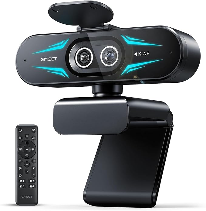 EMEET C60E Dual-Camera 4K Webcam for Streaming Wide-Angle and Telephoto Cameras Max 11X Hybrid Zoom &amp PDAF Autofocus Remote Control RGB Lighting 2 Mics Ideal for Livestreaming and Online Mee
