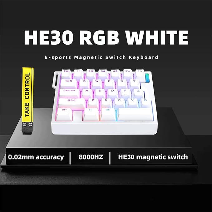 HE30 Rapid Trigger Magnetic Switch Gaming KeyboardOne-Handed Hall Effect RGB HotSwap Adjustable Actuation 8kHz Hyper Fast Mini Macro Gasket E-Sports Keypad Ergonomic Mechanical Keyboard (White)