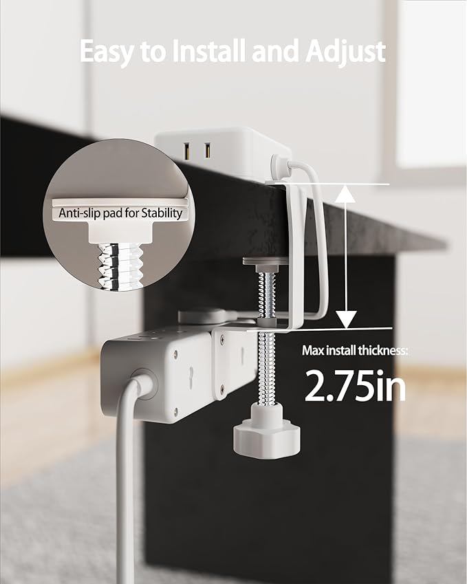 Dual Layer Desk Clamp Power Strip（White） Desktop Edge Mount Charging Station with 13 Outlets 4 USB Ports (2 USB C) Under Desk Surge Protector(1700 Joules) 10 Ft Extension Cord for Office
