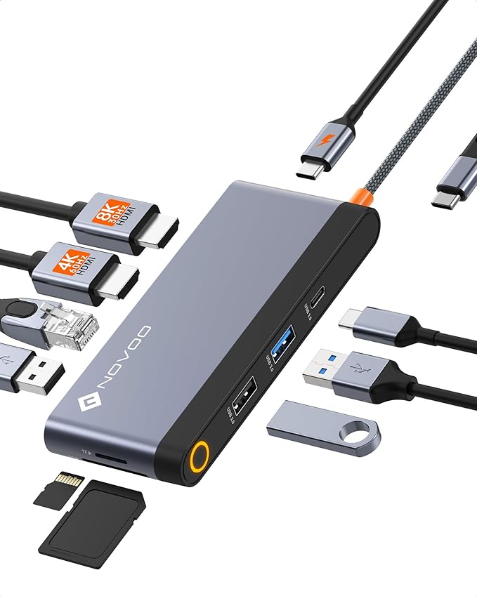 Novoo USB C Docking Station Dual HDMI Adapter 10 in 1 Multi Display 8K with 2 HDMI VGA 100W PD 3 USB TF Card USB-C 3.0 Hub Multiport Dongle Compatible with MacBook/Dell/HP/Lenovo Surface Laptops