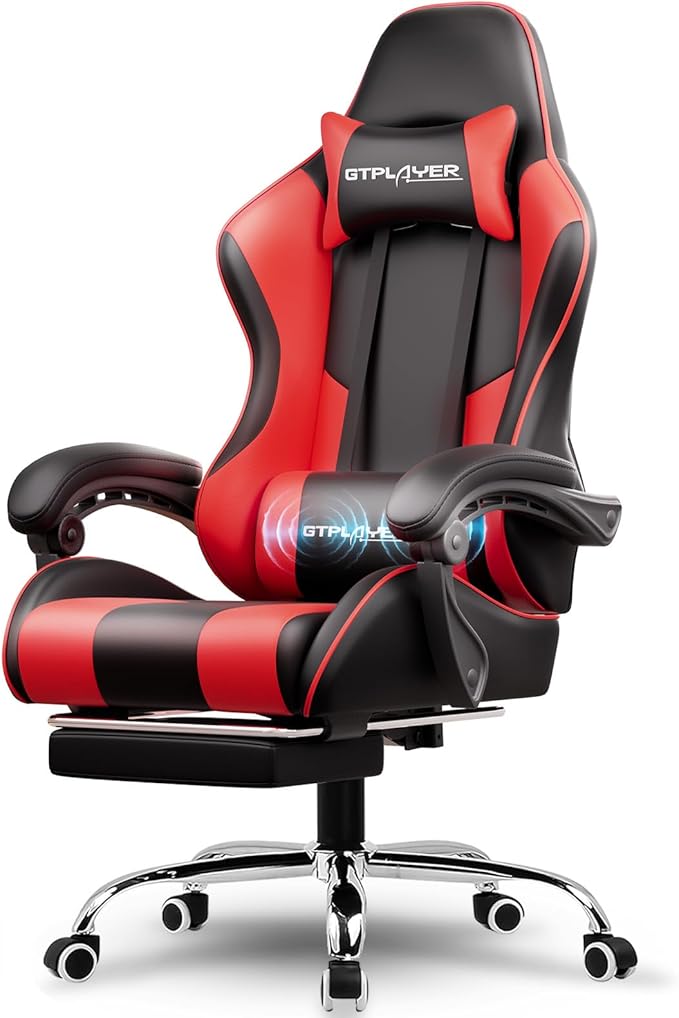 GTPLAYER Gaming Chair Computer Chair with Footrest and Lumbar Support Height Adjustable Game Chair with 360°-Swivel Seat and Headrest and for Office or Gaming (Faux Leather Red)