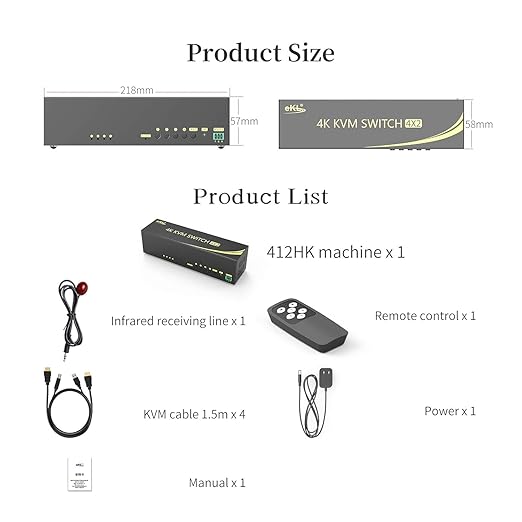 eKL HDMI KVM Switch 4 in 2 Out Dual Monitor Extended Display 4K@60Hz 4:4:4 with Audio and USB 2.0 Hub Sharing PC Monitor Keyboard Mouse Switcher