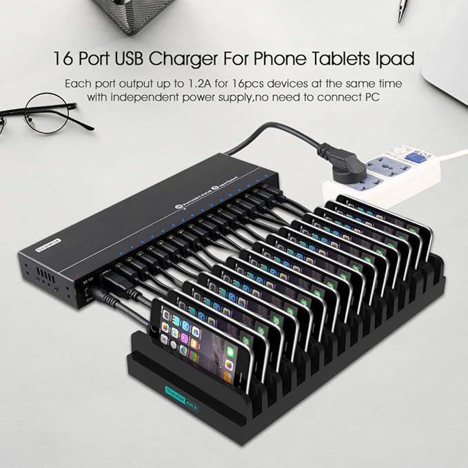 Powered USB Hub - 16 Ports 120W USB 3.0 Hub - Charging hub for Multiple Device with 12V/10A Power Adapter - Output of Max 1.2A Per USB Port - Meta Casing - LEDs - Din-Rail/WallMount Hub