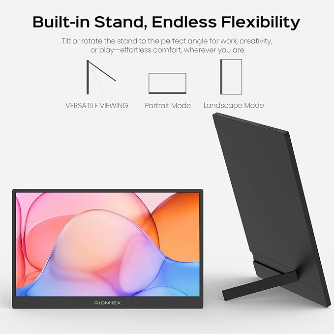 Portable Monitor 15.6 inch 1080P USB-C HDMI Travel Monitor Built-in Stand VESA External Screen for Laptop PC Mac PS Xbox Swich IPS HDR Ultra-Thin