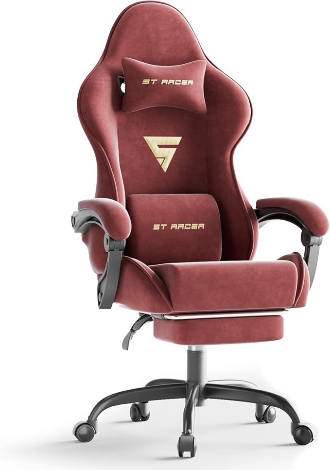 Ferghana Velvet Fabric Ergonomic Gaming Chair with Footrest and Massage High Back Reclining Computer Gamer Chair for Adult Racing Style PC Video Game Chair Suitable for Home Office (Red)