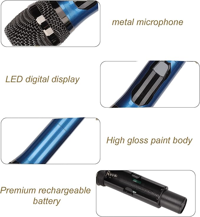 Cordless Microphone Dual Digital Dynamic Microphone with Receiver 50m Range 3.5mm Adapter Microphone with Smart LED Display for Singing Karaoke Meeting Wedding (Blue)