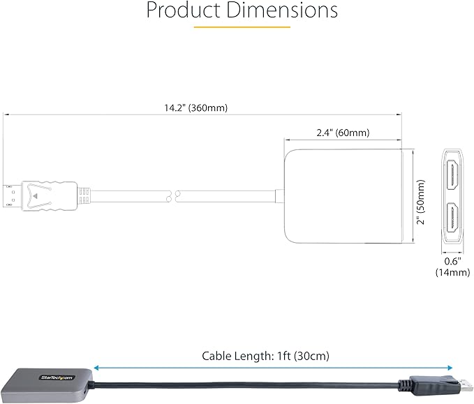 StarTech.com DP to Dual HDMI MST HUB - Dual HDMI 4K 60Hz - DisplayPort Multi Monitor Adapter with 1ft / 30cm Cable - DP 1.4 Multi Stream Transport Hub DSC | HBR3 - DP to HDMI Splitter (MST14DP122HD)