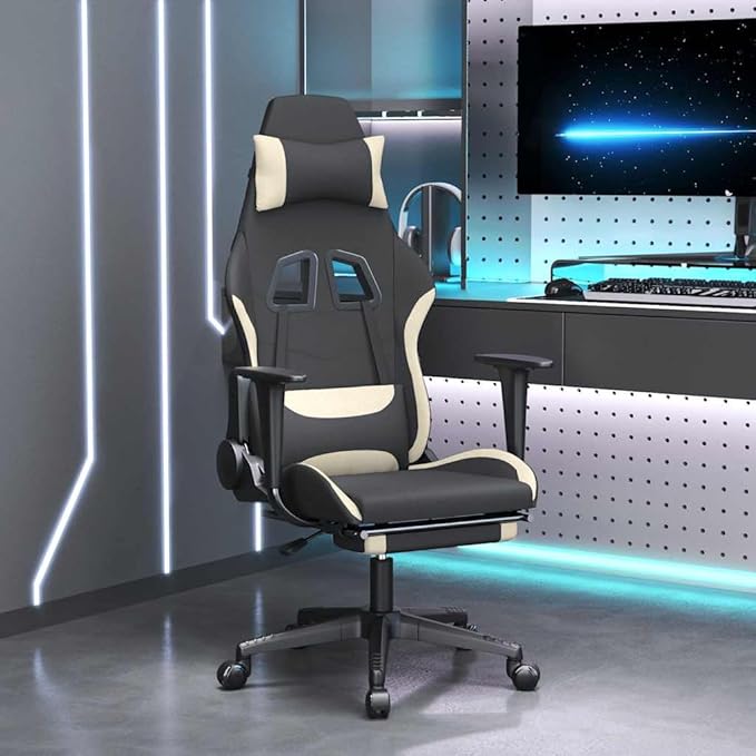 vidaXL Gaming Chair Massage Gaming Chair with Footrest Adjustable Swivel Recliner Computer Chair for Office Modern Style Black and Cream Fabric