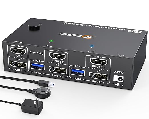 4K@144Hz KVM Switch 2 Monitors 2 Computers 8K@60Hz MLEEDA HDMI and Displayport Dual Monitor KVM Switch with 4 USB 3.0 Port for Keyboard Mouse Printer with Wired Remote Power Adapter and USB Cables