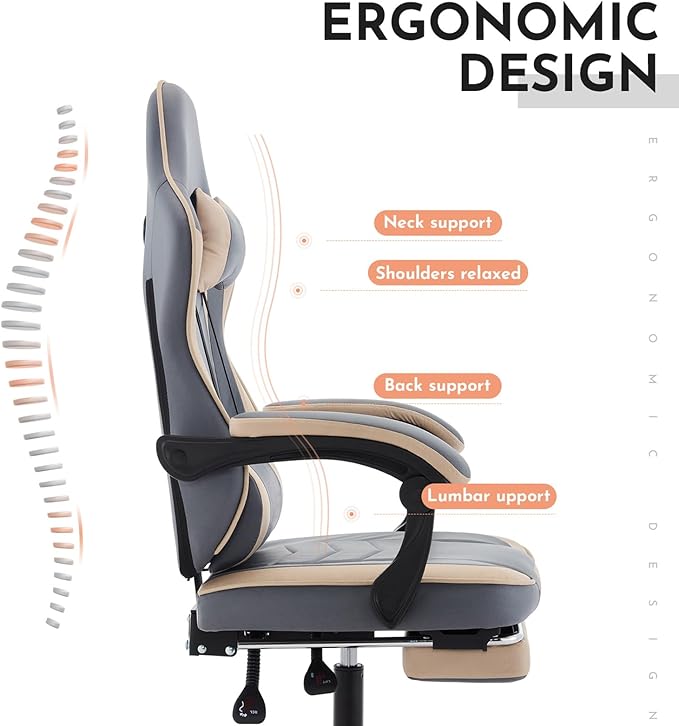 Leather Ergonomic Gaming Chair with Footrest Comfy Beige Gaming Chair with Comfortable Headrest &amp Lumbar Support for Adults Kids Women Men Boys 300 LBS Capacity (Beige+Blue)