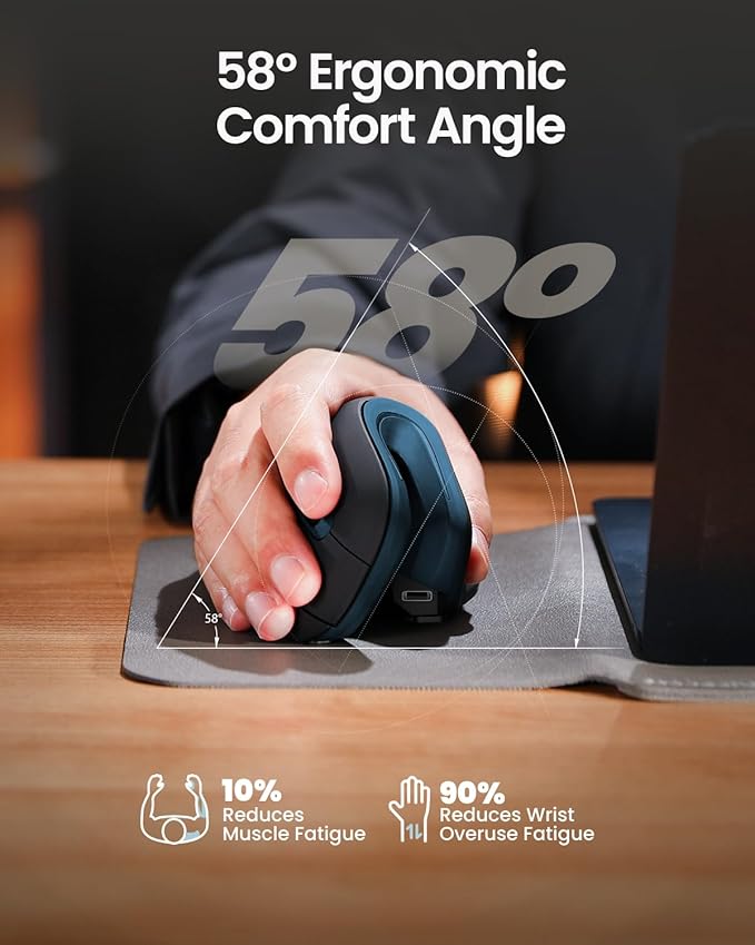 ProtoArc Ergonomic Mouse EM11 NL Bluetooth Rechargeable Wireless Vertical Mouse 3 Multi-Device Connectivity for Computer/PC/Laptop 2.4GHz USB-A Optical Mice for Windows Mac OS Blue