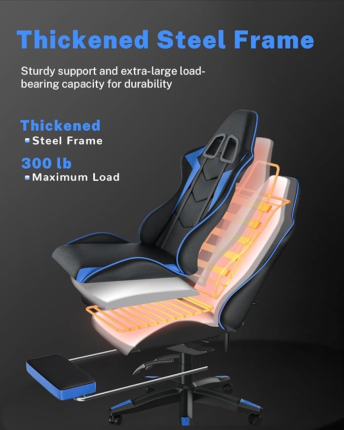 Gaming Chair with Footrest High Back Ergonomic Computer Gamer Chair with Headrest and Lumbar Support Racing Style Reclining Game Chair for Adults Kids (Blue-Black)