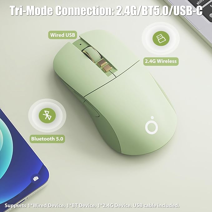 Wireless Gaming Mouse Tri-Mode 2.4GHz/Bluetooth 5.0/Wired USB-C 5-Level DPI Rechargeable Ergonomic Silent Optical Mice for iMac/MacBook/Computer/Laptop Matcha Green