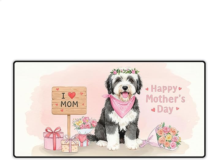Happy Mother's Day Old English Sheepdog Love Dog Mom Heart Flower Desk Mat Full Keyboard Mouse Pad Dog Lover Large Mousepad 12004