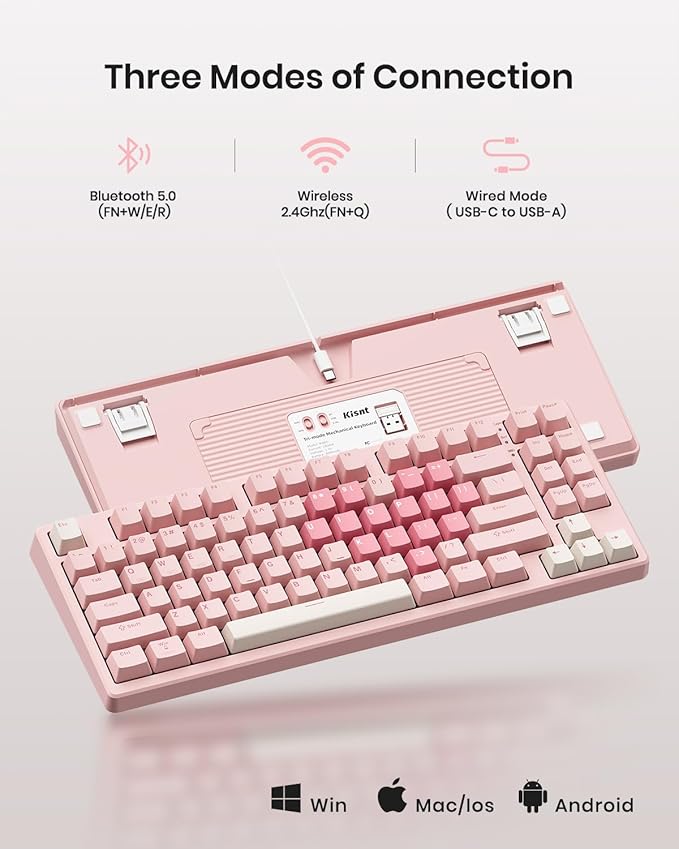 KN85 Wireless Mechanical Gaming Keyboard 75% Layout with RGB Backlit Custom Hot Swappable Creamy Sound Bluetooth/2.4GHz/USB-C Compatible with Windows/Mac/PC (Rose Pink Linear Switch)