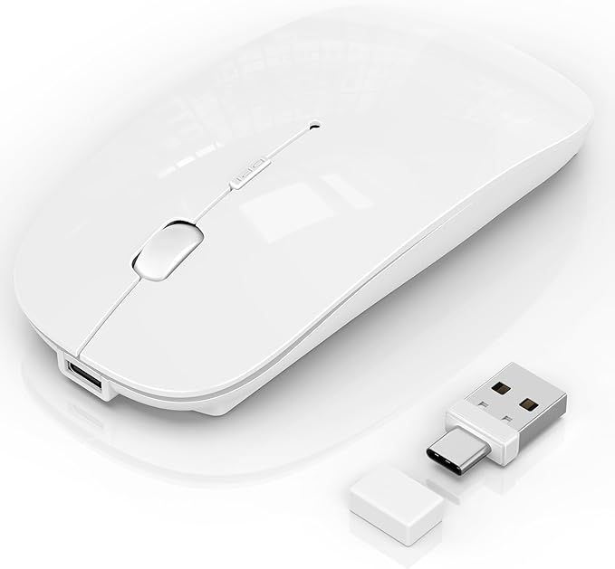Wireless Mouse for Laptop/MacBook Air/Pro &amp iPad Mouse Jiggler Mode Bluetooth 5.2/2.4G Rechargeable Silent Click 3-Level DPI Slim Portable USB-A&ampC Receiver (Mouse Jiggler Mode White)