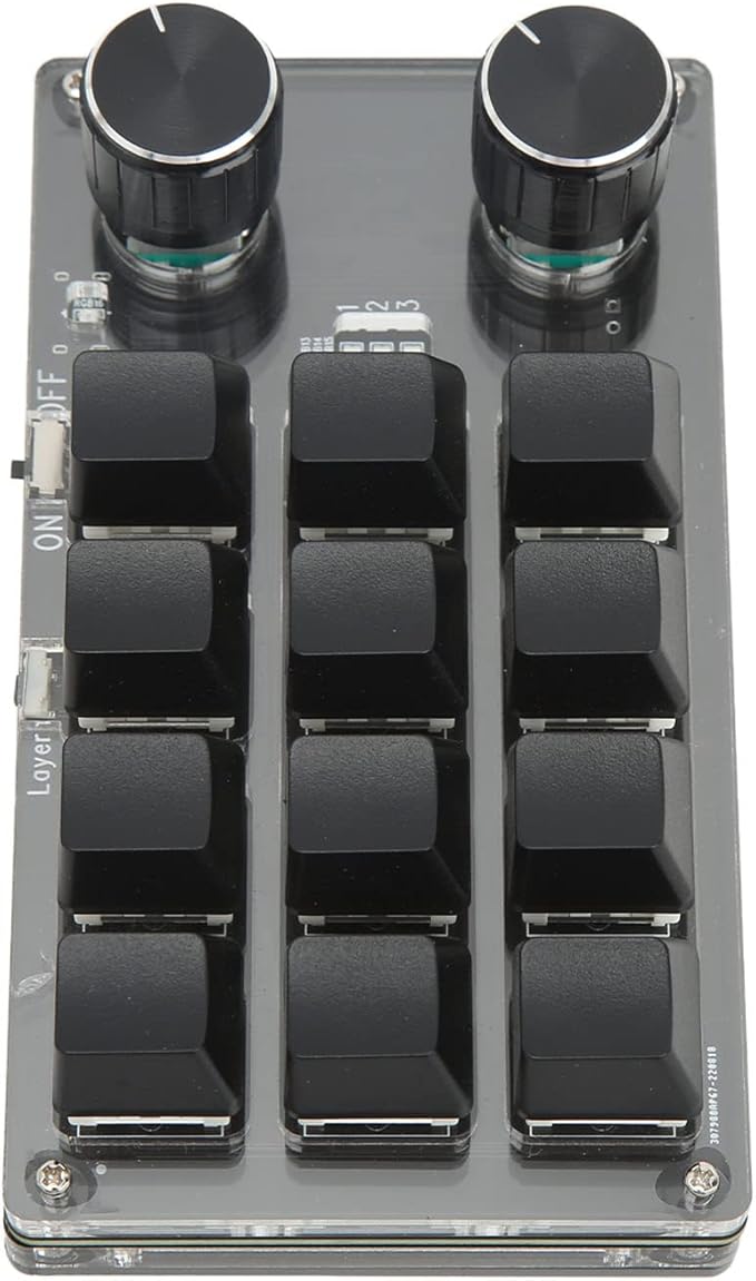 Qqmora One Handed Mechanical Gaming Keypad Green Shaft Shortcut Programmable Keyboard 12 Keys 2 Knobs for OfficeConsole