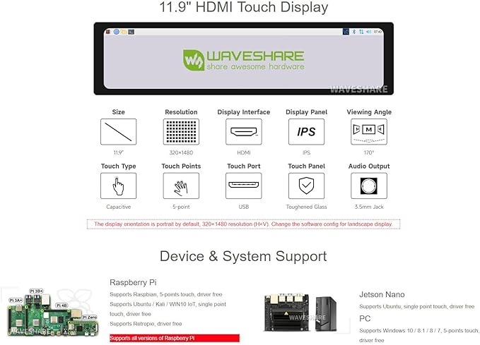 Waveshare 11.9inch Capacitive Touch Screen LCD Compatible with Raspberry Pi 5/4B/3B+/3A+/2B/B+/A+/Zero/Zero W/WH/Zero 2W CM3+/4 320×1480 Resolution HDMI IPS Supports Jetson Nano/Windows