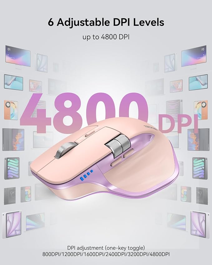 TECKNET Wireless Mouse Bluetooth Mouse (BT5.3/5.0 &amp 2.4G) Rechargeable Ergonomic Optical Mouse with 6 Adjustable DPI Side Scroll USB A Receiver 7 Buttons Wide Compatibility - Pink &amp Purpl