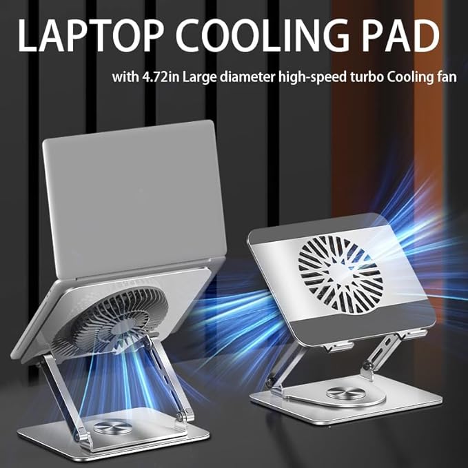 360° Rotating Adjustable Laptop Stand with Cooling Fan Foldable Dual-Bar Support Height Tilt Angle Cooling Laptop Stand for Desk Pad Laptop Riser Heat Dissipation Stand Fit 10-17.3 Device