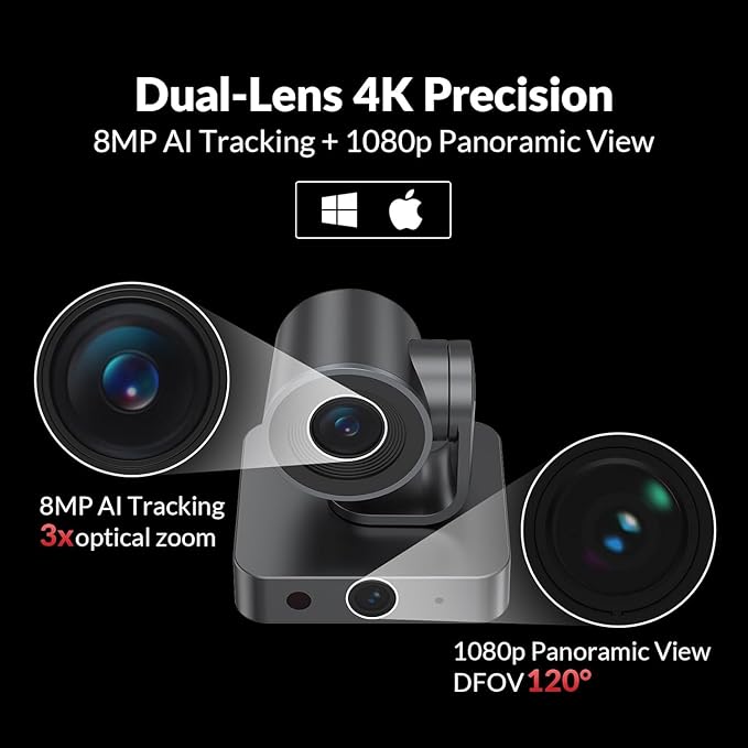 AV Access 4K Conference Room Camera Dual Lens Cam(4K AI Tracking and 1080P Panoramic)15x Zoom(3X Optical) 120° FOV Auto Framing Individuals Gallery Works with MeetTeamsZoom