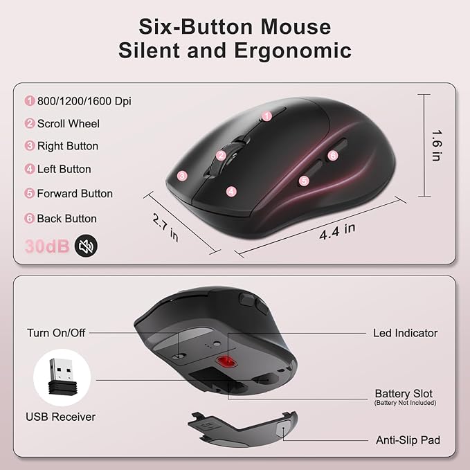 Wireless Keyboard and Mouse Combo 2.4G Full Size Wave Keys Ergonomic Keyboard with Wrist Rest Phone Holder 3-Level DPI Wireless Silent Mouse with 6-Buttons for Windows (Pink)