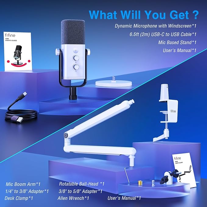 FIFINE Gaming XLR/USB Microphone and Mic Stand BundleRGB Dynamic Mic with Mute ButtonVolume Control Low Profile Boom Arm Kit with Cable Management for Recording Video Creation (AM8W+BM88W)