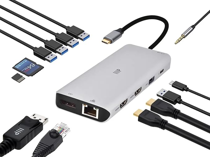 Monoprice 13-in-1 Dual-HDMI + DisplayPort Multi-Stream Transport (MST) Triple Monitor Docking Station - 4K 5Gbps USB A Ethernet Card Reader 100W PD Silver
