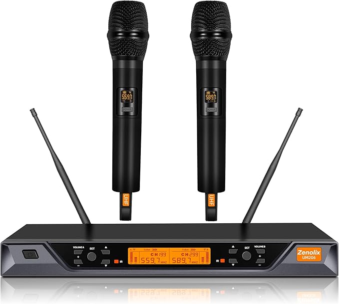 UM206 2 Channel Wireless Microphone System with Dynamic Mics 200ft Range UHF Frequencies Dual Wireless Handheld Mics for Karaoke Singing DJ Stage Church and Recording